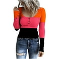 thumbnail image 1 of Women's Striped Henley Tops Long Sleeve Button Down Slim Fit T Shirts Scoop Neck Ribbed Knit Basic Casual Shirts Outfits (L, Orange), 1 of 6