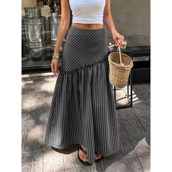 Women's Striped High Waist A-Line Maxi Skirt, Tiered Flared Draped Skirt for Everyday, Vacation, Beach & Casual Wear