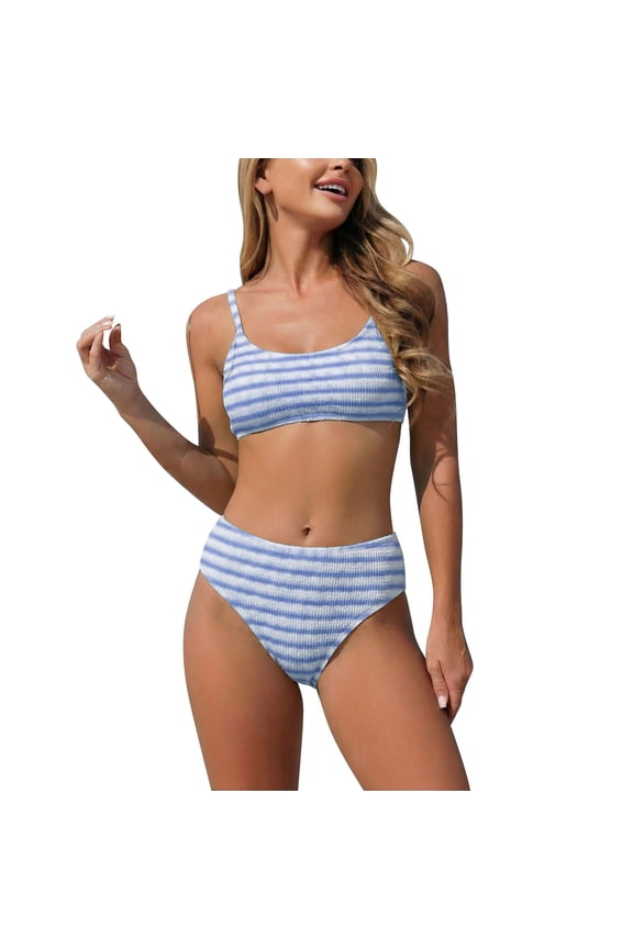 Women's Striped High Waist Bikini Swimsuit Adjustable Shoulder Straps Removable Padded Great for 2026 Summer Beach Pool Party and SPA Days