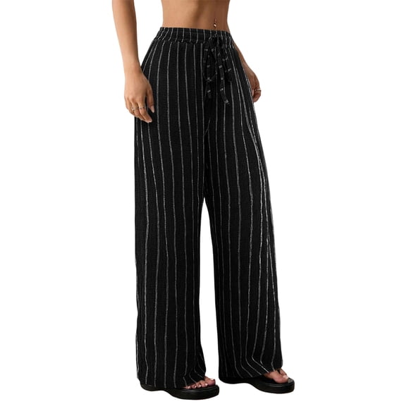 Women's Striped High Waist Drawstring Wide Leg Loose Casual Trousers with Pockets Black L