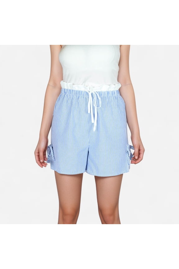 Women's Striped High Waist Shorts with Ruffle Paperbag Waistband Adjustable Drawstring and Side Bow Details - Blue, Large