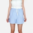 thumbnail image 1 of Women's Striped High Waist Shorts with Ruffle Paperbag Waistband Adjustable Drawstring and Side Bow Details - Blue, Small, 1 of 7