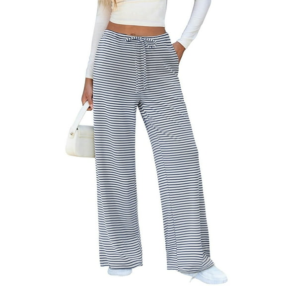 Women's Striped High Waist Wide Leg Pants, Elastic Tie Waist Knit Trousers with Pockets, Casual Baggy Sweatpants for Daily Wear, Loose Fit Drapery Trousers with Floor Length Design Blue M