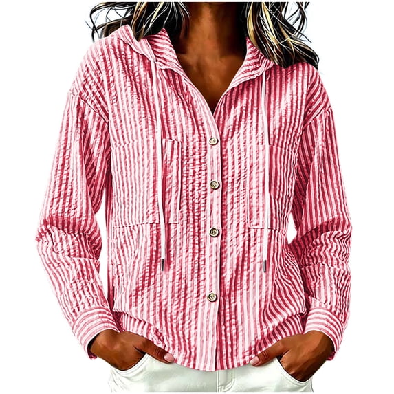 Women's Striped Hooded Button Down Shirt with Drawstrings, Long Sleeve Lightweight Sun Protection Top, Casual Loose Blouse, Trendy Spring Outerwear for Beach and Travel