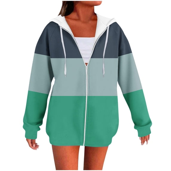 Women's Striped Hoodie Full Zipper Long Sleeve Sweatshirt Fall Fashion Top with Pocket Casual Comfortable Pullover Mint Green