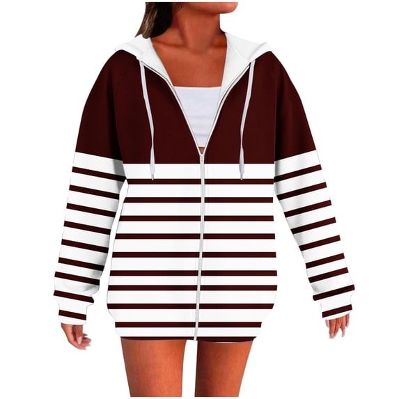 Women's Striped Hoodie Full Zipper Long Sleeve Sweatshirt Fall Fashion Top with Pocket Casual Comfortable Pullover Wine
