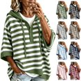 thumbnail image 1 of Women's Striped Hoodie Sweater Elbow Sleeve Henley Oversized Knit Pullover Tops Loose Slouchy Half Button Poncho for Fall Outfits, Army Green, L, 1 of 8