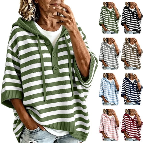 Women's Striped Hoodie Sweater Elbow Sleeve Henley Oversized Knit Pullover Tops Loose Slouchy Half Button Poncho for Fall Outfits, Army Green, L