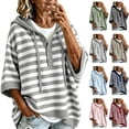 thumbnail image 1 of Women's Striped Hoodie Sweater Elbow Sleeve Henley Oversized Knit Pullover Tops Loose Slouchy Half Button Poncho for Fall Outfits, Gray, L, 1 of 8