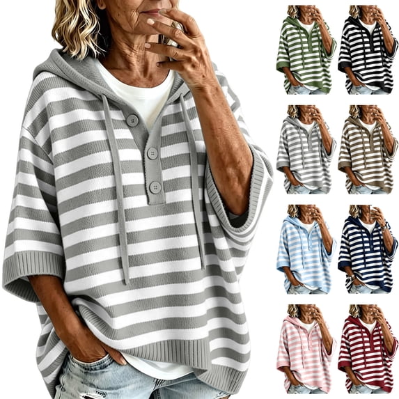 Women's Striped Hoodie Sweater Elbow Sleeve Henley Oversized Knit Pullover Tops Loose Slouchy Half Button Poncho for Fall Outfits, Gray, L