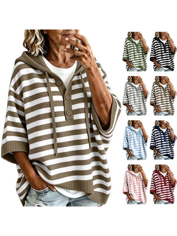 Women's Striped Hoodie Sweater Elbow Sleeve Henley Oversized Knit Pullover Tops Loose Slouchy Half Button Poncho for Fall Outfits, Khaki, XXL