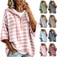 thumbnail image 1 of Women's Striped Hoodie Sweater Elbow Sleeve Henley Oversized Knit Pullover Tops Loose Slouchy Half Button Poncho for Fall Outfits, Pink, XXL, 1 of 8