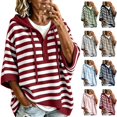 thumbnail image 1 of Women's Striped Hoodie Sweater Elbow Sleeve Henley Oversized Knit Pullover Tops Loose Slouchy Half Button Poncho for Fall Outfits, Wine, L, 1 of 8