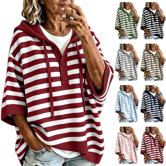 Women's Striped Hoodie Sweater Elbow Sleeve Henley Oversized Knit Pullover Tops Loose Slouchy Half Button Poncho for Fall Outfits, Wine, L