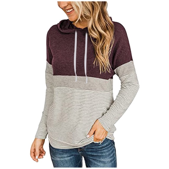 Women's Striped Hoodies Sweatshirts Long Sleeve Drawstring Color Block Hooded Tops Casual Basic Fall Pullover