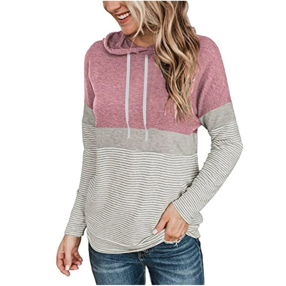 Women's Striped Hoodies Sweatshirts Long Sleeve Drawstring Color Block Hooded Tops Casual Basic Fall Pullover