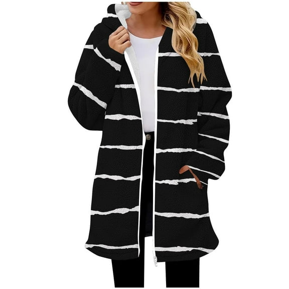 Women's Striped Jacket Trendy Full Zip Loose Long Thermal Warm Fleece Hoodies Causal Long Sleeve Hooded Outfits (XL, Black)