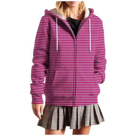 Women's Striped Jackets Full Zip Long Sleeve Drawstring Hooded Cardigans Casual Lightweight Coats Stylish Outfits (2XL, Hot Pink)