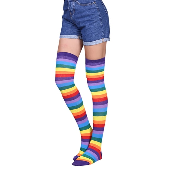 Women’s Striped Knee-High Socks Soft Stretch Striped High Socks Fashion Multi Color Stripe Tall Socks for Halloween Cosplay Daily Casual Festival Outfits,One Size
