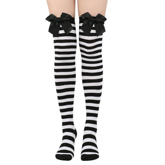 Women’s Striped Knee-High Socks with Satin Bow Decor Soft Stretch Long Striped High Socks for Halloween Cosplay Christmas Costume Party,One Size