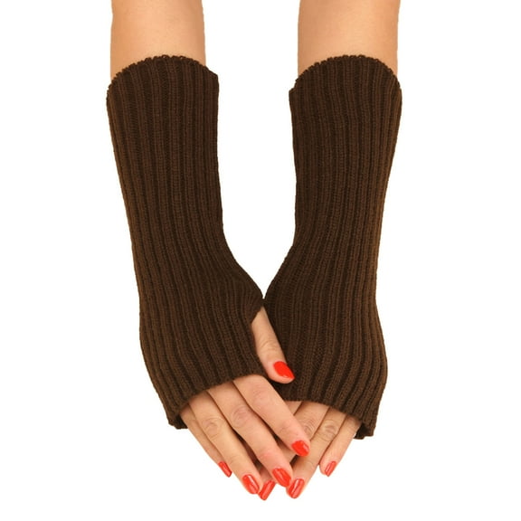 Women's Striped Knit Arm Warmers, Long Sleeve Covers with Thumb Hole, Thermal Texting Compatible Sleevelets, Solid Color Stretchable Wrist Warmers for Cool Weather Coffee