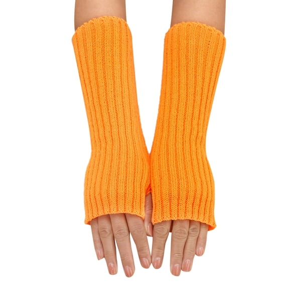 Women's Striped Knit Arm Warmers, Long Sleeve Covers with Thumb Hole, Thermal Texting Compatible Sleevelets, Solid Color Stretchable Wrist Warmers for Cool Weather Orange