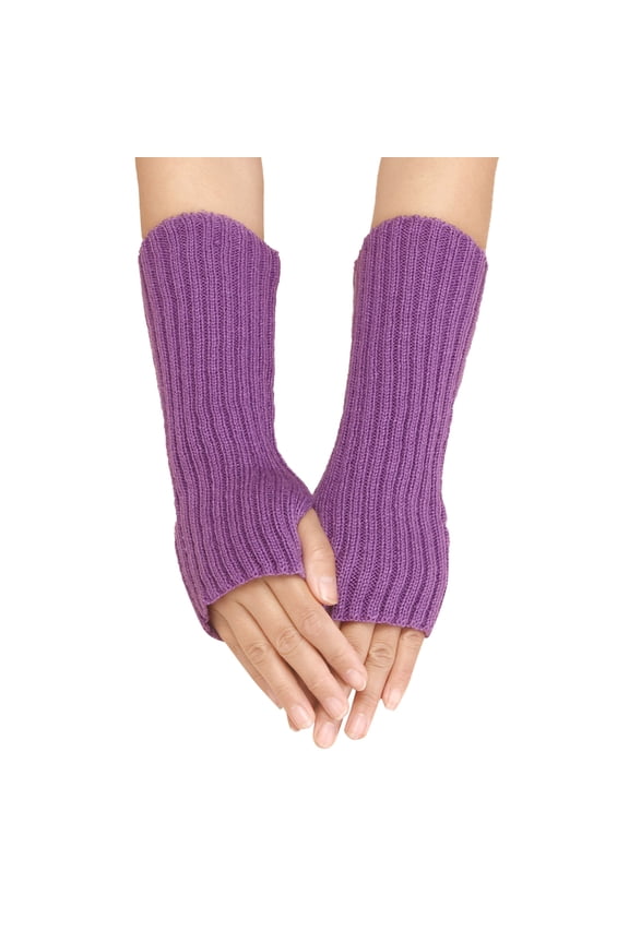 Women's Striped Knit Arm Warmers, Long Sleeve Covers with Thumb Hole, Thermal Texting Compatible Sleevelets, Solid Color Stretchable Wrist Warmers for Cool Weather Purple