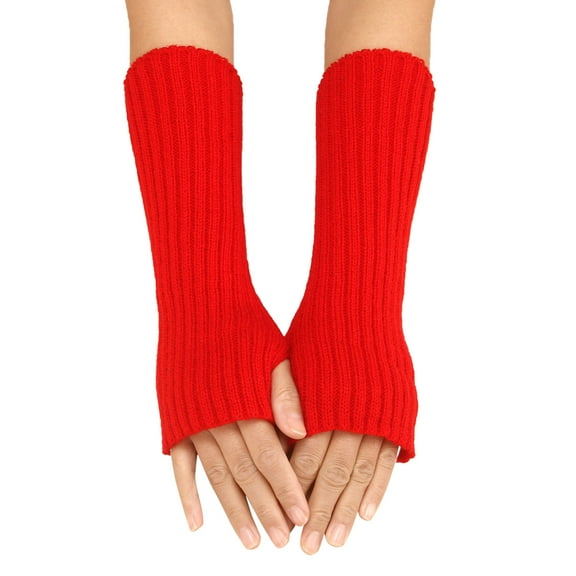 Women's Striped Knit Arm Warmers, Long Sleeve Covers with Thumb Hole, Thermal Texting Compatible Sleevelets, Solid Color Stretchable Wrist Warmers for Cool Weather Red1