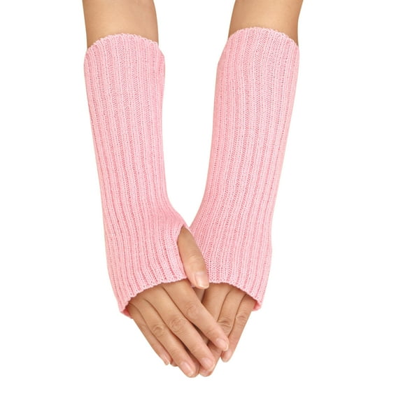 Women's Striped Knit Arm Warmers, Long Sleeve Covers with Thumb Hole, Thermal Texting Compatible Sleevelets, Solid Color Stretchable Wrist Warmers for Cool Weather Red2