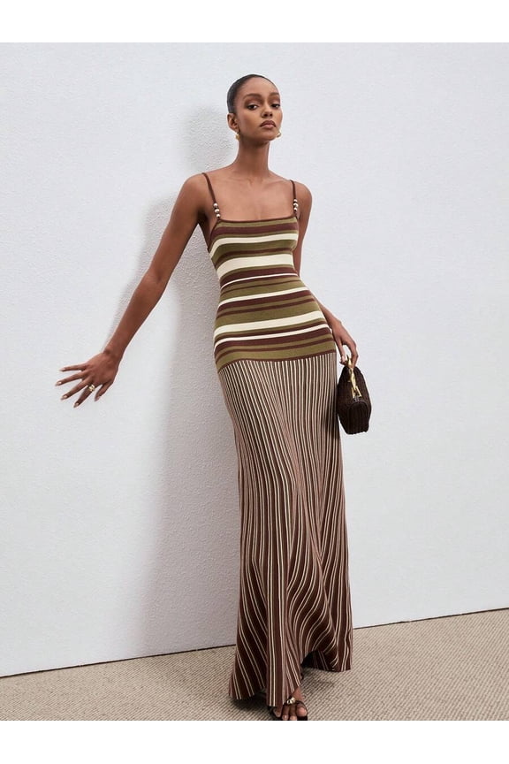 Women's Striped Knit Camisole Dress With Beaded Shoulder Straps - Elegant Wool Blend Summer Dress For Vacation & Commute Office