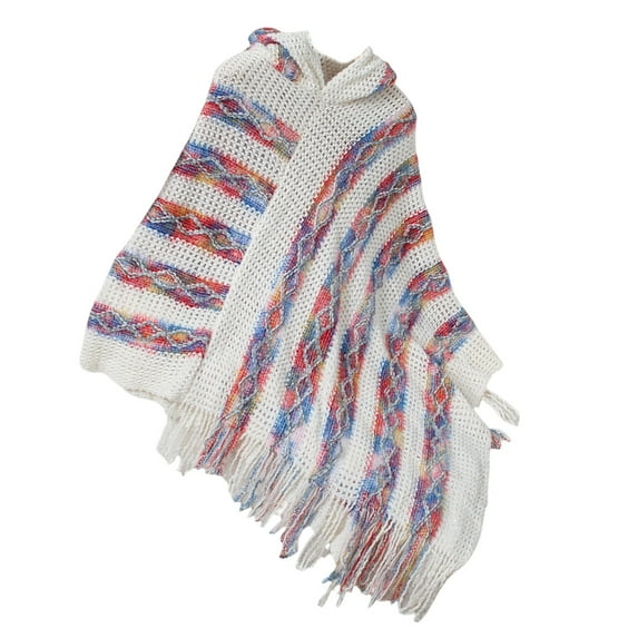 Women's Striped Knit Capes Ponchos Hooded Pullover Sweater Shawl with Tassels