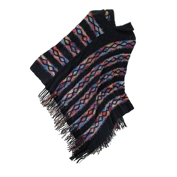 Women's Striped Knit Capes Ponchos Hooded Pullover Sweater Shawl with Tassels