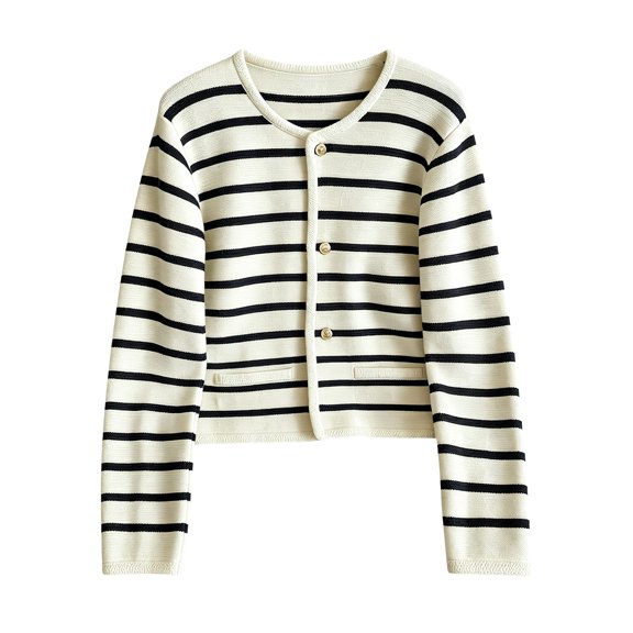 Women's Striped Knit Cardigan Round Neck Button Down Cropped Short Sweater Jacket, Long Sleeve Soft Knit Stripe Prep School Collegiate Casual Fall Outerwear for Campus Weekend Trip Outdoor Black