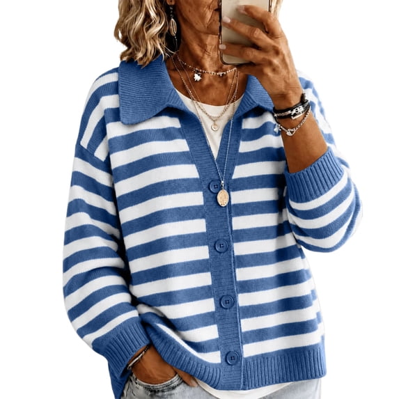 Women's Striped Knit Cardigan Sweater Jacket - Casual Collared Button Front Long Sleeve Ribbed Cuff Outerwear for Fall Winter Layering Dark Blue L