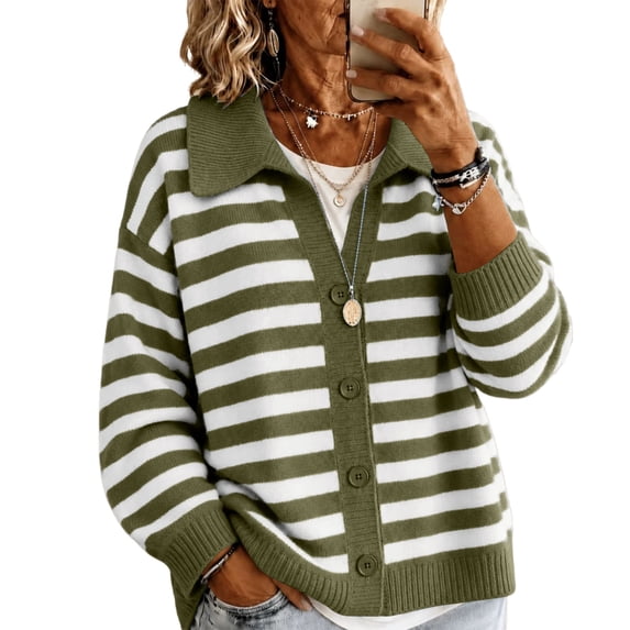 Women's Striped Knit Cardigan Sweater Jacket - Casual Collared Button Front Long Sleeve Ribbed Cuff Outerwear for Fall Winter Layering Green 2XL