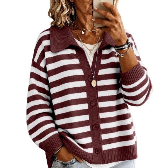 Women's Striped Knit Cardigan Sweater Jacket - Casual Collared Button Front Long Sleeve Ribbed Cuff Outerwear for Fall Winter Layering Red XL