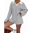 thumbnail image 1 of Women's Striped Knit Collared Long Sleeve Top and Shorts Two-Piece Outfit Set Blue XL, 1 of 9