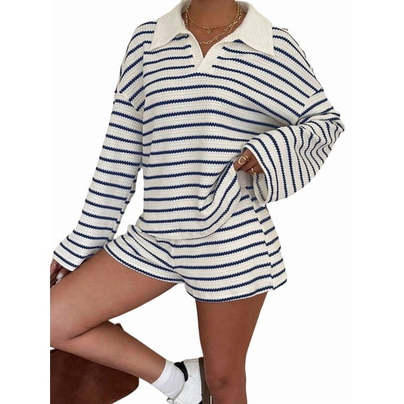 Women's Striped Knit Collared Long Sleeve Top and Shorts Two-Piece Outfit Set Blue XL