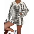 thumbnail image 1 of Women's Striped Knit Collared Long Sleeve Top and Shorts Two-Piece Outfit Set Color S, 1 of 9