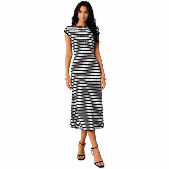 Women's Striped Knit Midi Dress, Crew Neck Cap Sleeve Bodycon Casual Dress