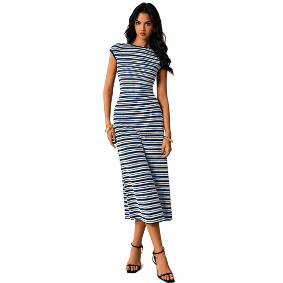 Women's Striped Knit Midi Dress, Crew Neck Cap Sleeve Bodycon Casual Dress