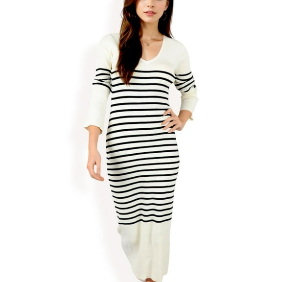 Women's Striped Knit Midi Dress with Long Sleeves and Ribbed Texture - Large, Light Beige