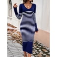 thumbnail image 1 of Women's Striped Knit Midi Dress with Long Sleeves and Ribbed Texture - Medium, Navy, 1 of 7