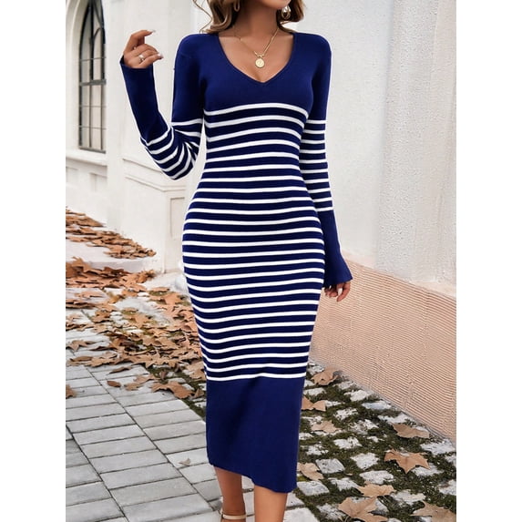 Women's Striped Knit Midi Dress with Long Sleeves and Ribbed Texture - Medium, Navy