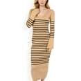thumbnail image 1 of Women's Striped Knit Midi Dress with Long Sleeves and Ribbed Texture - Small, Khaki, 1 of 7