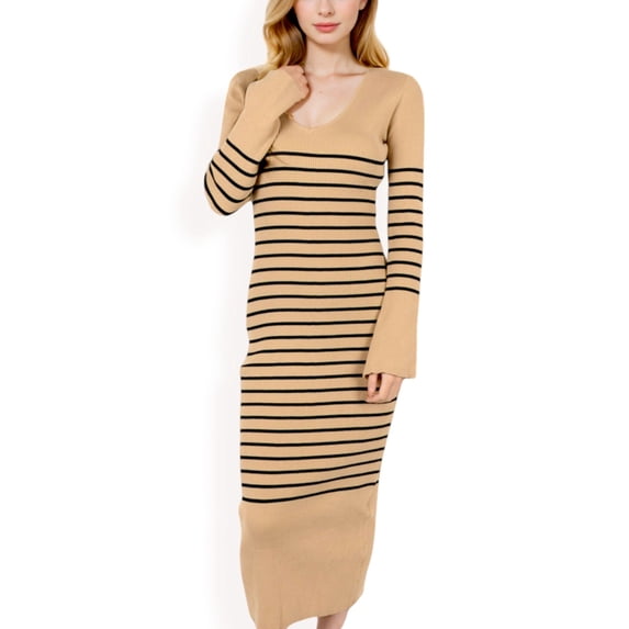 Women's Striped Knit Midi Dress with Long Sleeves and Ribbed Texture - Small, Khaki