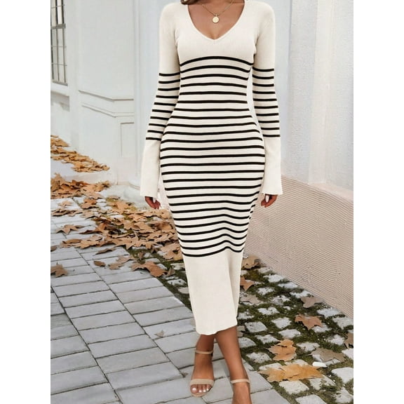 Women's Striped Knit Midi Dress with Long Sleeves and Ribbed Texture - Small, Light Beige