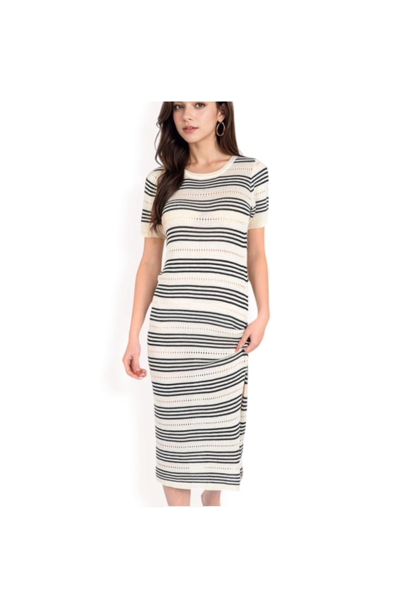 Women's Striped Knit Midi Dress with Side Slit- Light Beige,Large
