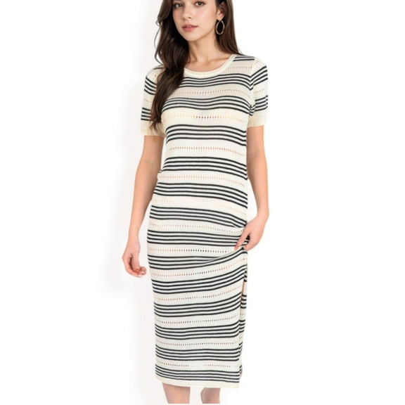 Women's Striped Knit Midi Dress with Side Slit- Light Beige,Medium