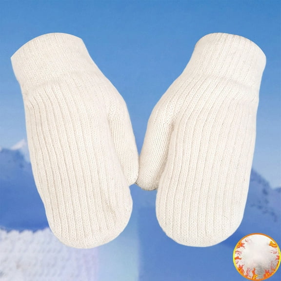 Women's Striped Knit Mittens, Plush Lined Winter Gloves with Windproof Design, Thickened Thermal Adult Gloves, All-Season Warmth Gloves for Commuters White